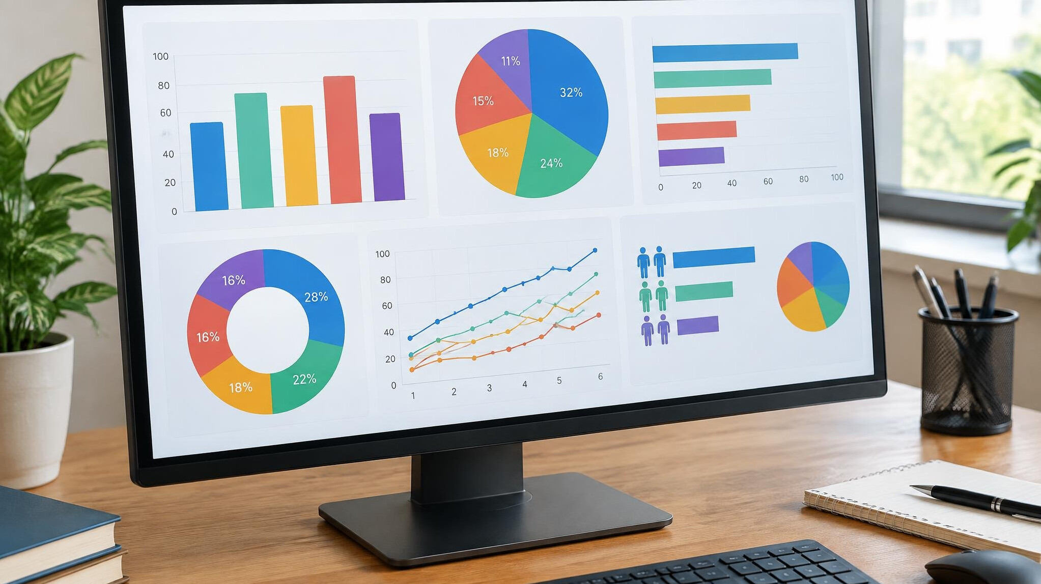 Data dashboard with charts and survey statistics on a computer screen