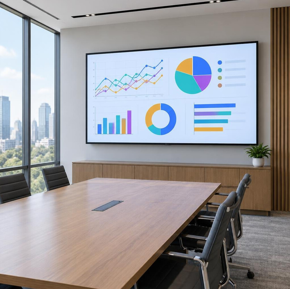 Meeting room screen showing data visualization